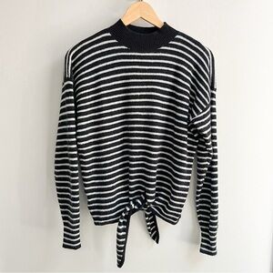 Loft Soft Tie Front Striped Crewneck Sweater Black & White XS